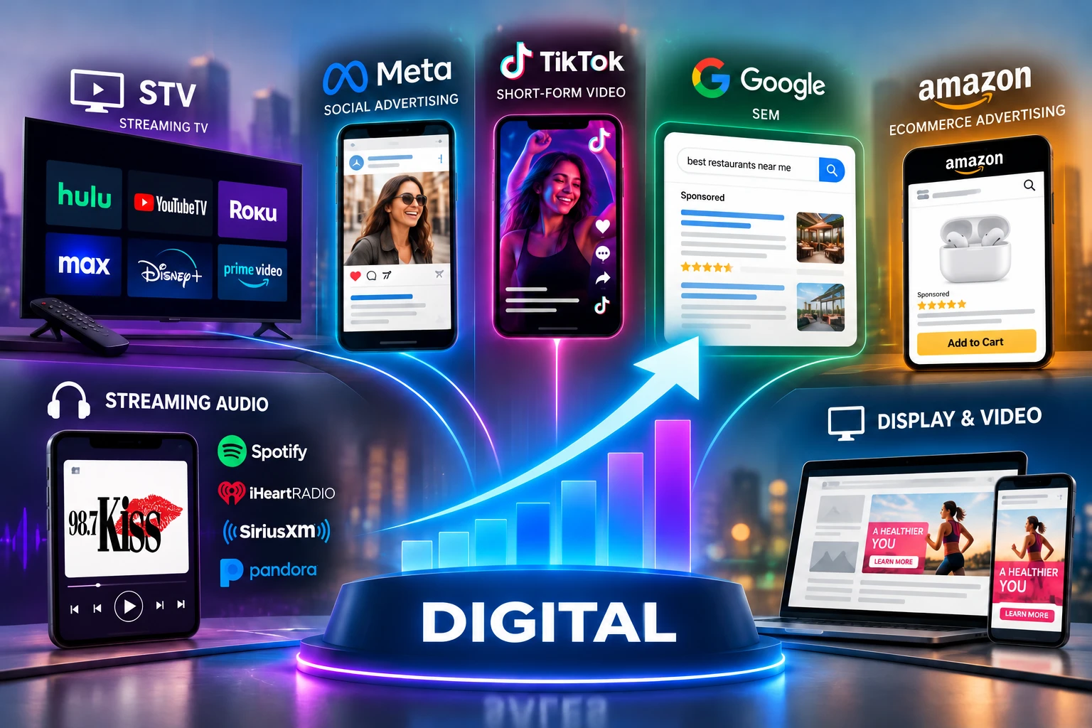 Digital channels: streaming TV, Meta, TikTok, Google, Amazon, streaming audio and display and video